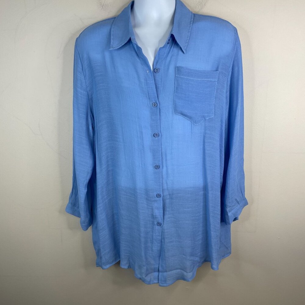 Breezy Lane Womens Button Up Tunic Top Size XL Blue Beachy Gauzy Cover Up Travel